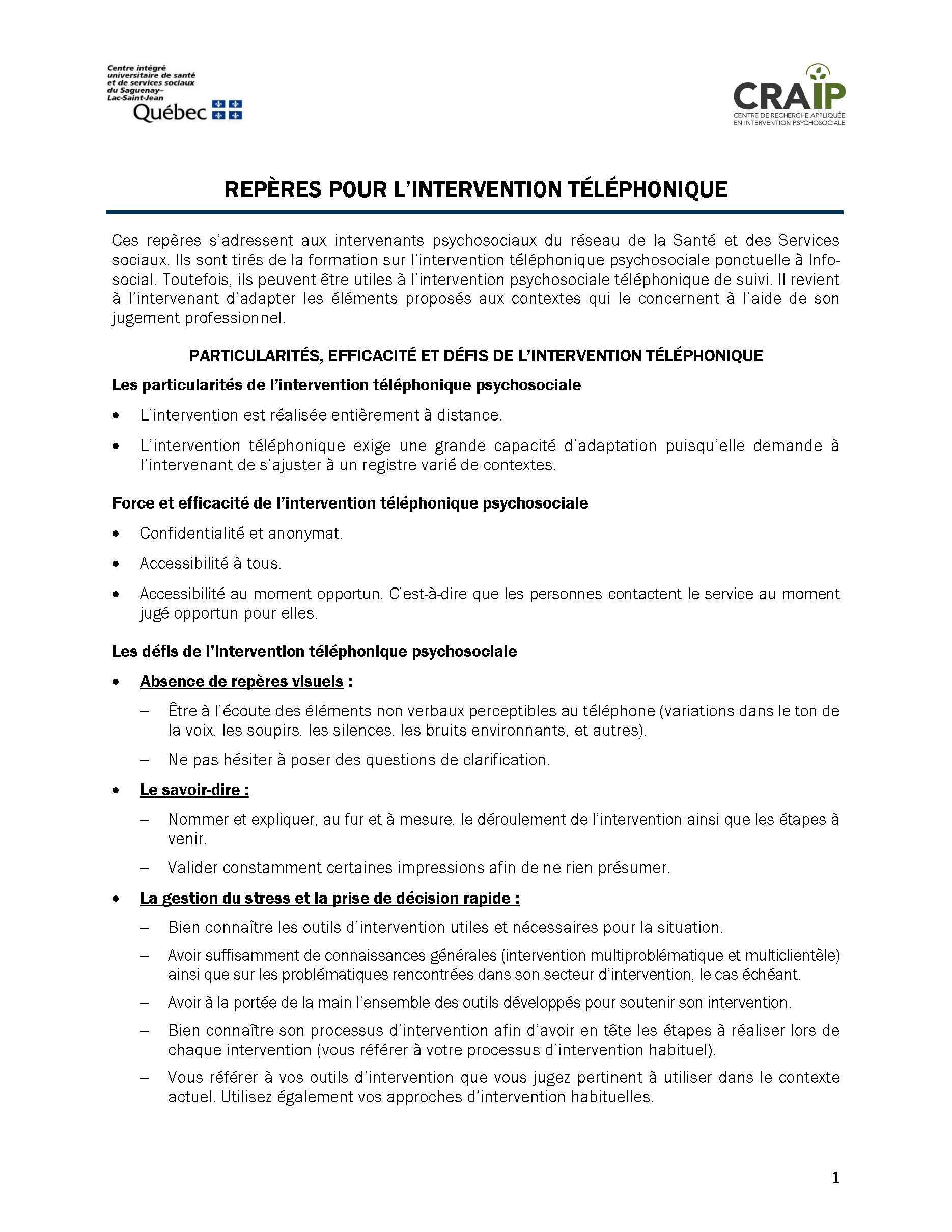 Repères pour l'intervention téléphonique